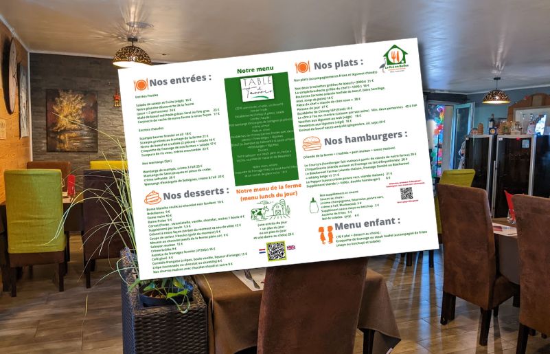 Menu set de table réalisé par MMBeWeb avec QR code pointant vers une traduction en plusieurs langues